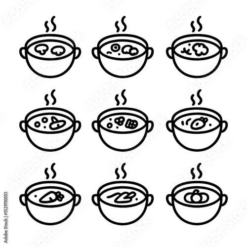 Cream Soups Icon Set. Outline icon set of cream soups: mushroom soup, potato leek soup, cauliflower soup, butternut squash soup,