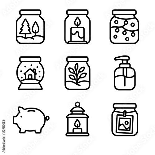 Creative Jar Icons. Outline icon set of jar crafts: miniature terrarium, candle holder, fairy lights jar, snow globe, herb planter