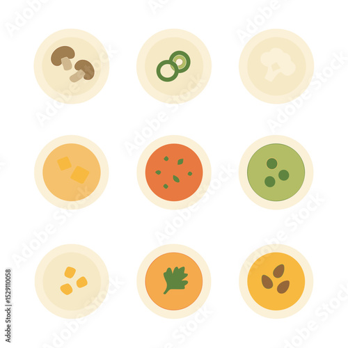 Cream Soup Icons. Flat icon set of cream soups: mushroom soup, potato leek soup, cauliflower soup, butternut squash soup, tomato
