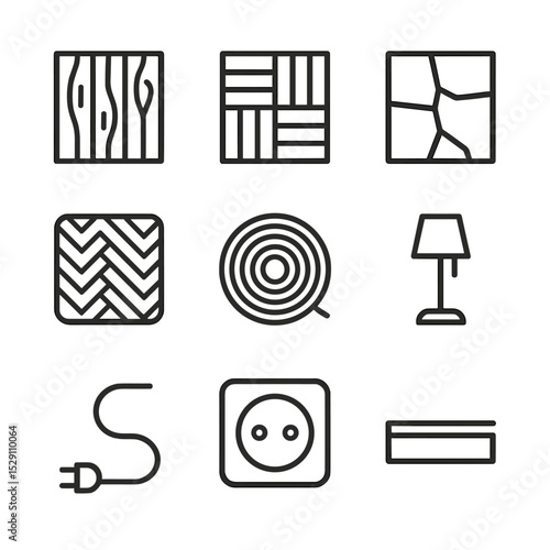 Floor Feature Icons. Outline icon set of floor features: hardwood plank, parquet pattern, stone tile, herringbone rug, jute mat,
