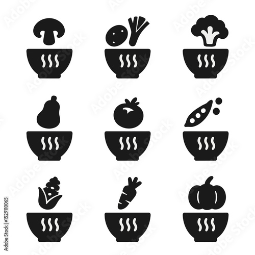 Cream Soups Icon Set. Solid, Filled icon set of cream soups: mushroom soup, potato leek soup, cauliflower soup, butternut squash