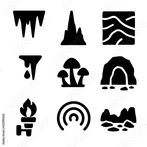 Crystal Cavern Icons. Solid, Filled icon set of crystal cavern environment: stalactite, stalagmite, mineral vein, dripping water,