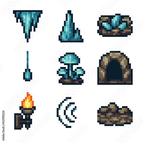 Crystal Cavern Icons. Pixel art icon set of crystal cavern environment: stalactite, stalagmite, mineral vein, dripping water,