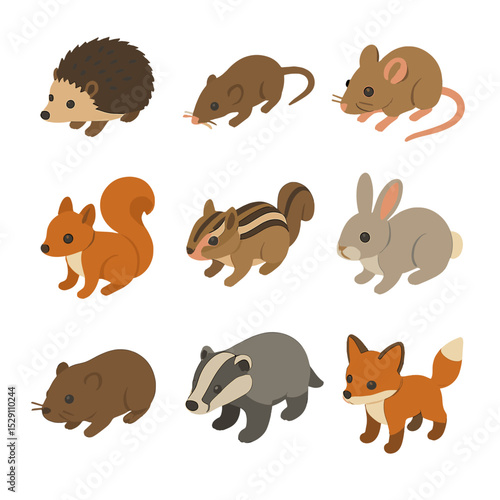 Forest Floor Icons. Isometric Flat icon set of forest floor mammals: hedgehog, shrew, mouse, squirrel, chipmunk, rabbit, vole,