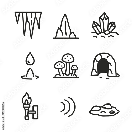Crystal Cavern Icons. Outline icon set of crystal cavern environment: stalactite, stalagmite, mineral vein, dripping water,