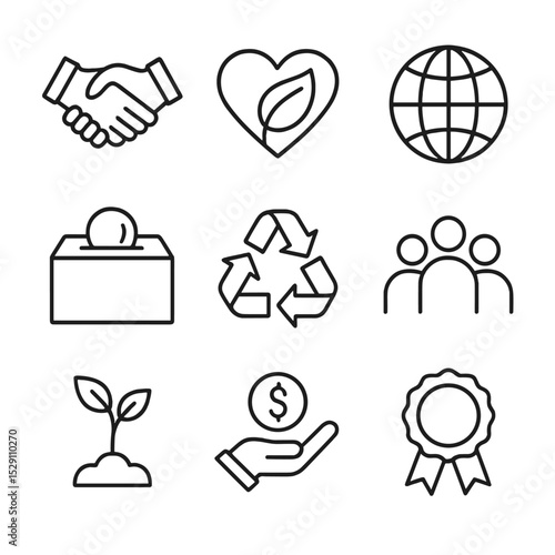 CSR Icon Set. Outline icon set of corporate social responsibility: handshake, heart leaf, globe, charity box, recycling symbol,