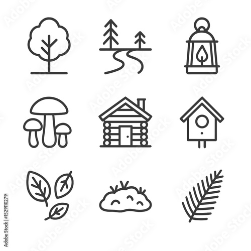 Forest Retreat Icons. Outline icon set of tranquil forest retreat: tall tree, forest pathway, log cabin, lantern, mushroom cluster