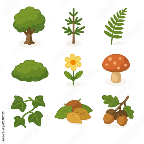 Forest Flora Icons. Isometric Flat icon set of forest flora and foliage: oak tree, pine sapling, fern frond, moss patch,