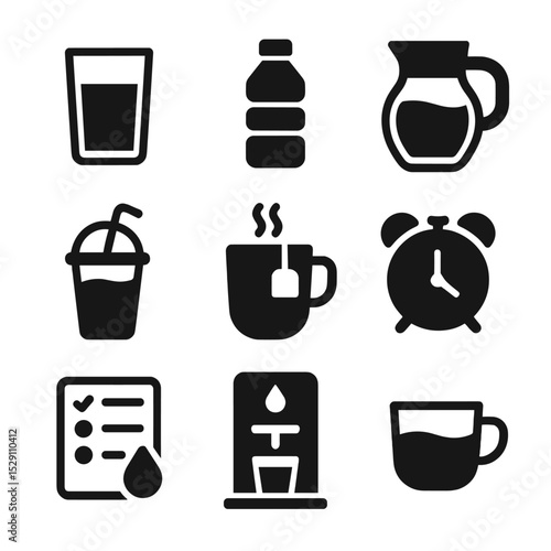 Daily Hydration Icons. Solid, Filled icon set of daily hydration routine: morning glass, afternoon bottle, evening jug, smoothie