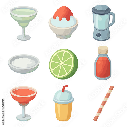 Frozen Cocktails Icon Set. Isometric Flat icon set of frozen summer cocktails: margarita glass, shaved ice, blender, salt rim,