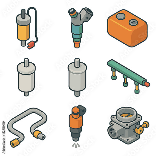 Fuel System Icon Set. Isometric Flat icon set of Fuel Delivery and Injection Systems: fuel pump, fuel injector, fuel tank, fuel