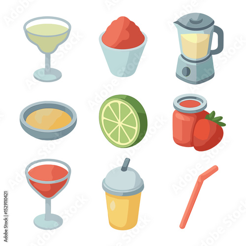 Frozen Cocktails Icon Set. Isometric Flat icon set of frozen summer cocktails: margarita glass, shaved ice, blender, salt rim,
