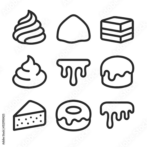 Frosting Icon Collection. Outline icon set of frosting varieties: buttercream swirl, chocolate ganache, cream cheese layer,