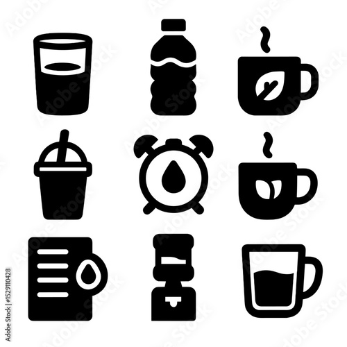 Daily Hydration Icons. Solid, Filled icon set of daily hydration routine: morning glass, afternoon bottle, evening jug, smoothie