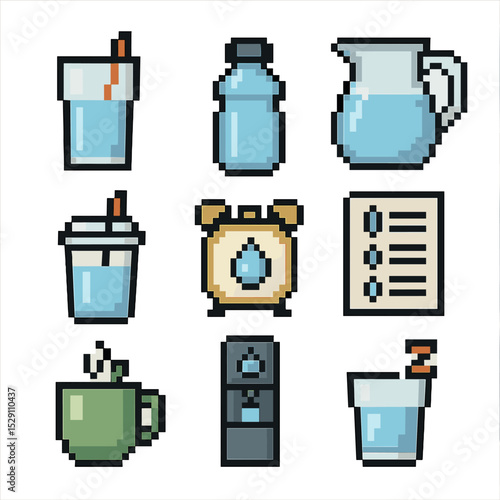 Daily Hydration Icons. Pixel art icon set of daily hydration routine: morning glass, afternoon bottle, evening jug, smoothie cup,