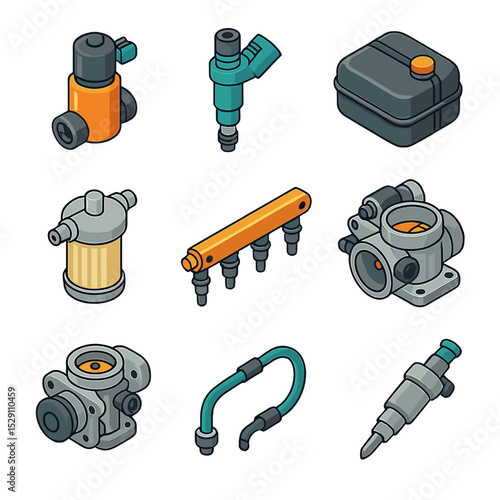 Fuel System Icon Set. Isometric Flat icon set of Fuel Delivery and Injection Systems: fuel pump, fuel injector, fuel tank, fuel