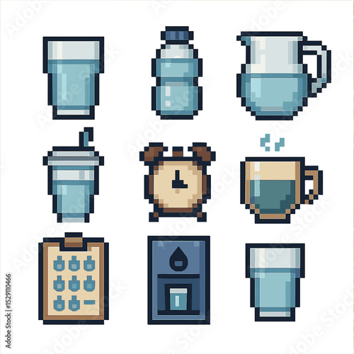 Daily Hydration Icons. Pixel art icon set of daily hydration routine: morning glass, afternoon bottle, evening jug, smoothie cup,