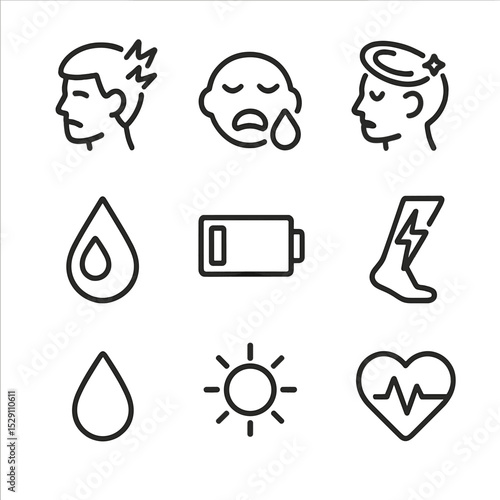 Dehydration Symptoms Icons. Outline icon set of dehydration symptoms: headache icon, dry mouth, dizziness swirl, dark urine drop,