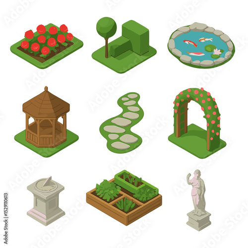 Garden Icon Set. Isometric Flat icon set of landscaped gardens: rose bed, topiary hedge, koi pond, wooden gazebo, stone pathway,