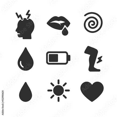 Dehydration Symptoms Icons. Flat icon set of dehydration symptoms: headache icon, dry mouth, dizziness swirl, dark urine drop, low