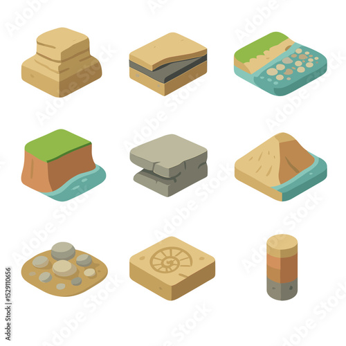Geology Icons Set. Isometric Flat icon set of river geology and sediment: sandstone outcrop, shale layer, gravel bar, clay bank,