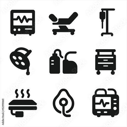 Delivery Room Icons. Solid, Filled icon set of delivery room equipment: fetal monitor, delivery bed, IV stand, surgical lamp,