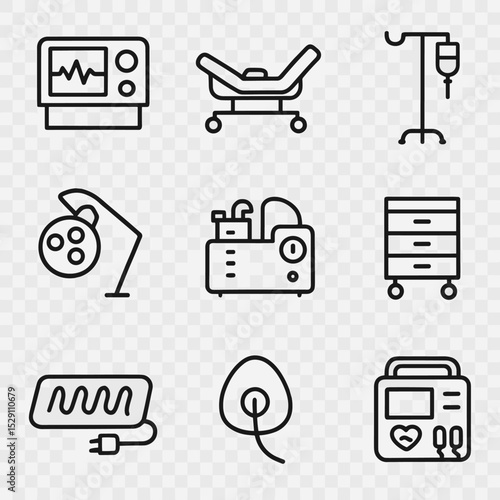Delivery Room Equipment Icons. Flat icon set of delivery room equipment: fetal monitor, delivery bed, IV stand, surgical lamp,