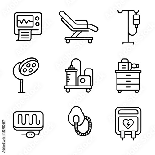 Delivery Room Equipment Icons. Outline icon set of delivery room equipment: fetal monitor, delivery bed, IV stand, surgical lamp,