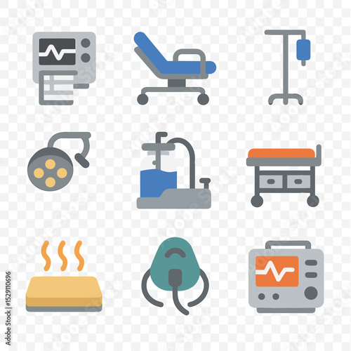 Delivery Room Equipment Icons. Flat icon set of delivery room equipment: fetal monitor, delivery bed, IV stand, surgical lamp,
