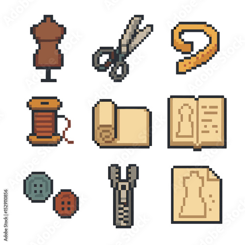 Designer Wardrobe Icons. Pixel art icon set of designer wardrobe: dress form, tailor scissors, measuring tape, spool of thread,