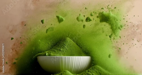 Slow motion of vibrant green matcha powder exploding from a white bowl.