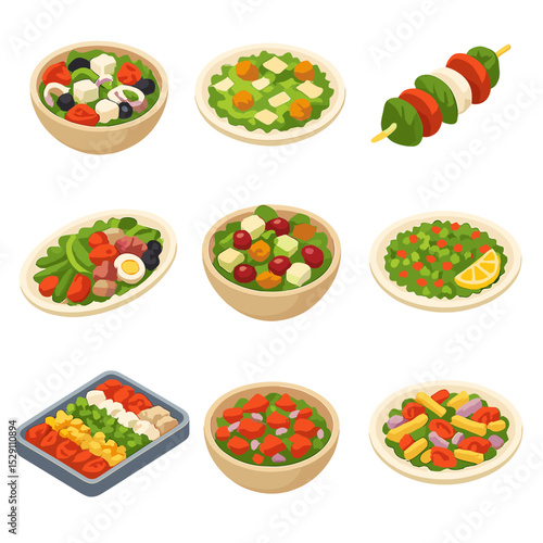 Global Salad Icons. Isometric Flat icon set of global salad varieties: Greek salad bowl, Caesar salad plate, Caprese skewer,