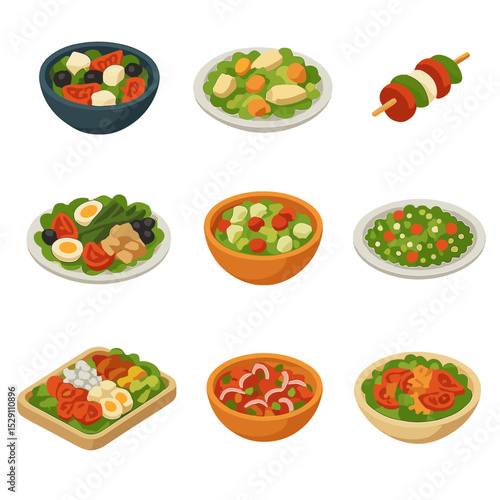 Global Salad Icons. Isometric Flat icon set of global salad varieties: Greek salad bowl, Caesar salad plate, Caprese skewer,