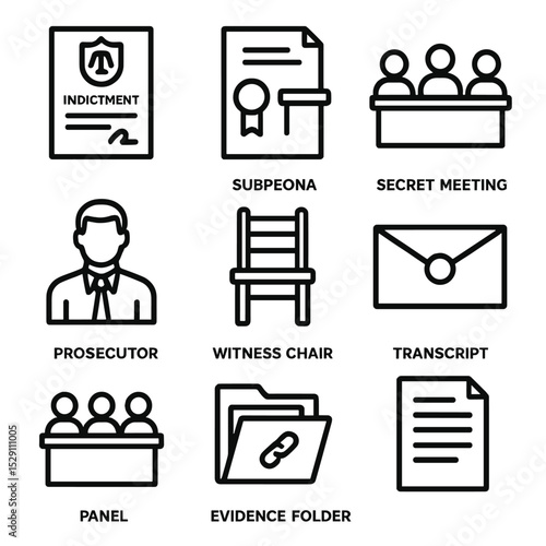Grand Jury Icon Set. Outline icon set of grand jury: indictment, subpoena, secret meeting, prosecutor, witness chair, sealed