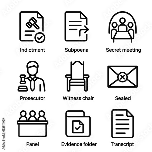 Grand Jury Icon Set. Outline icon set of grand jury: indictment, subpoena, secret meeting, prosecutor, witness chair, sealed