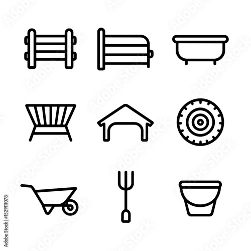 Grazing Equipment Icons. Outline icon set of grazing equipment: wooden fence, metal gate, watering trough, hayrack, barn roof,