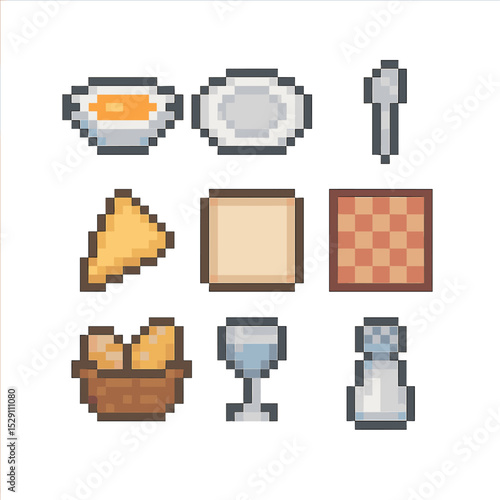 Dining Icon Set. Pixel art icon set of serving table setup: soup bowl, soup plate, spoon, napkin, coaster, tablecloth, bread