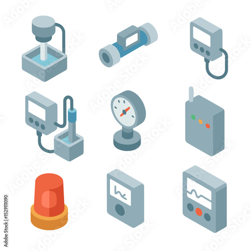 Grease Trap Monitoring Icons. Isometric Flat icon set of grease trap monitoring devices: level sensor, flow meter, temperature