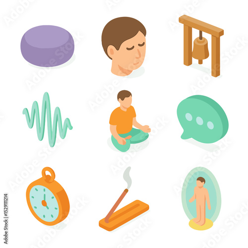 Guided Meditation Icons. Isometric Flat icon set of guided meditation relief: meditation cushion, closing eyes silhouette, lotus