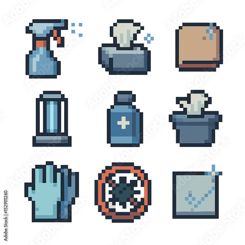 Disinfection Tools Icons. Pixel art icon set of surface disinfection: spray bottle, disinfectant wipe, microfiber cloth, UV lamp,