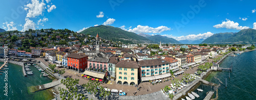 Fotografía Drone view at the village of Ascona on lake Maggiore in Switzerland