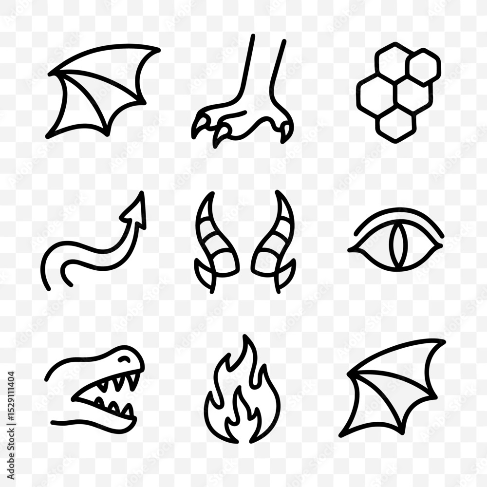 Fototapeta premium Dragon Anatomy Icons. Outline icon set of dragon anatomy: wings, claws, scales, tail, horns, eyes, teeth, fire breath, wing