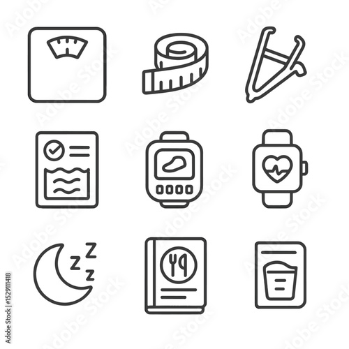 Health Metrics Icons. Outline icon set of tracking metrics: weight scale, tape measure, body fat caliper, BMI calculator, water