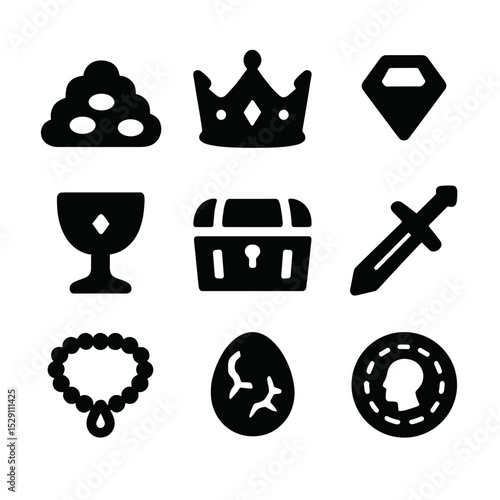 Dragon Hoard Icons. Solid, Filled icon set of dragon hoard: gold coin pile, jeweled crown, gemstone, chalice, treasure chest,