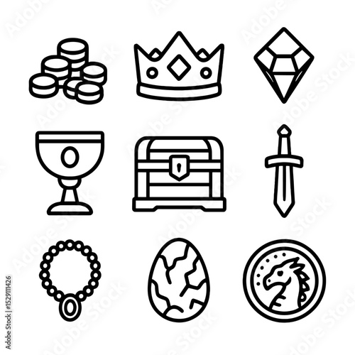 Dragon Hoard Icons. Outline icon set of dragon hoard: gold coin pile, jeweled crown, gemstone, chalice, treasure chest, golden