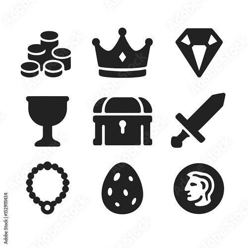 Dragon Hoard Icons. Solid, Filled icon set of dragon hoard: gold coin pile, jeweled crown, gemstone, chalice, treasure chest,