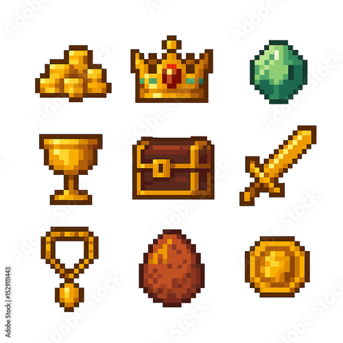 Dragon Hoard Icons. Pixel art icon set of dragon hoard: gold coin pile, jeweled crown, gemstone, chalice, treasure chest, golden