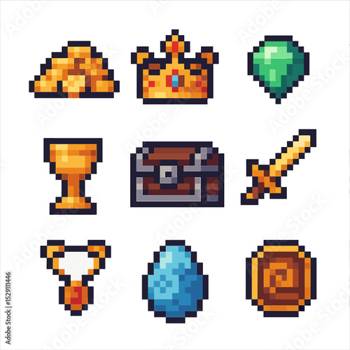 Dragon Hoard Icons. Pixel art icon set of dragon hoard: gold coin pile, jeweled crown, gemstone, chalice, treasure chest, golden
