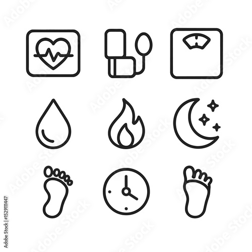 Health Stats Icons. Outline icon set of health stats: heart rate monitor, blood pressure cuff, weight scale, BMI chart, hydration
