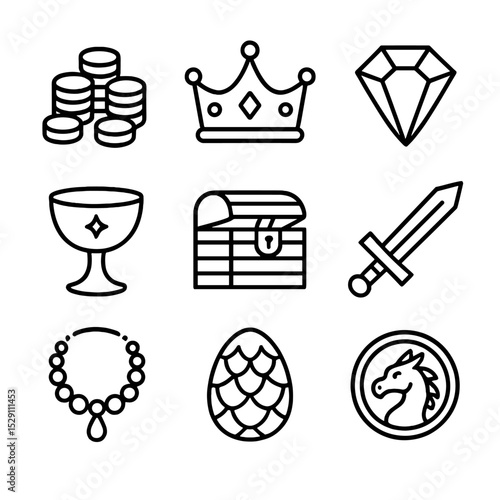 Dragon Hoard Icons. Outline icon set of dragon hoard: gold coin pile, jeweled crown, gemstone, chalice, treasure chest, golden